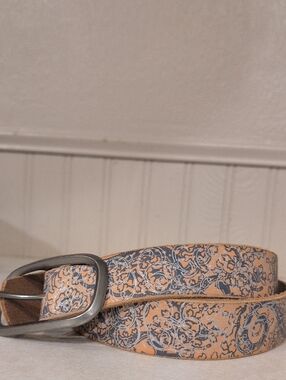 Floral Printed Leather Belt in Peach and Slate Small